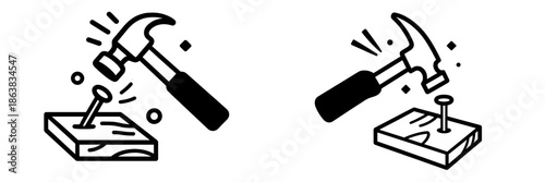 Hammer striking nail on wood in minimalist vector art