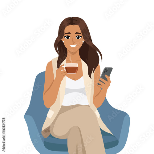 Relaxed Woman Drinking Tea and Using Smartphone. Flat Vector character illustration
