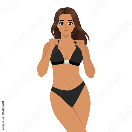 Confident Woman Wearing Black Lingerie. Flat Vector character illustration