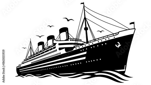 Black and white silhouette illustration of a classic ocean liner ship sailing on the sea. Maritime transportation, historical travel, cruise ship, and nautical themes.