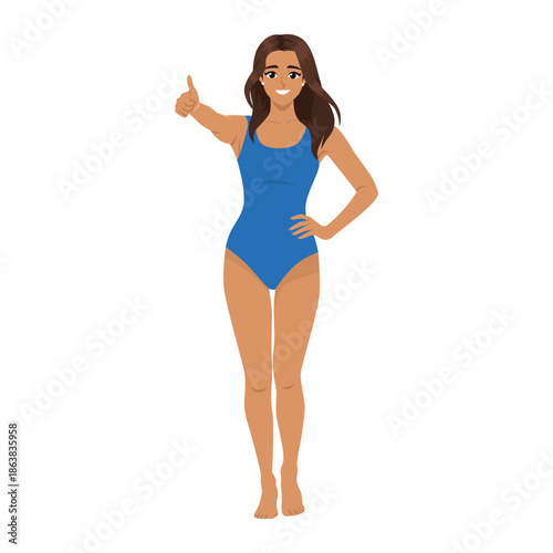 Confident Woman in Swimsuit Showing Thumbs Up. Flat Vector character illustration