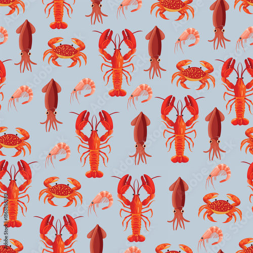 Crustaceans seamless pattern. Flat vector clipart, illustration with isolated background.
