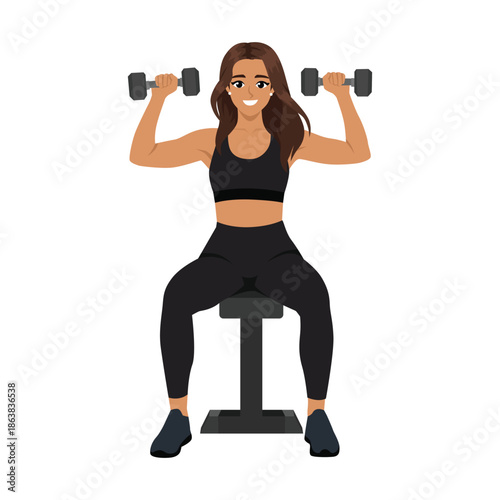 Woman Doing Seated Dumbbell Shoulder Press Exercise. Flat Vector character illustration