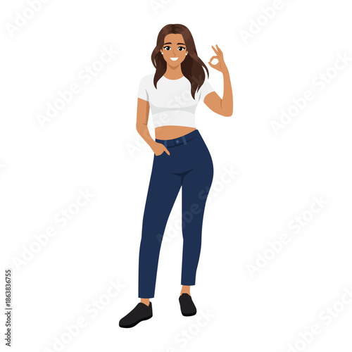 Smiling Woman Showing OK Hand Gestur. Flat Vector character illustration
