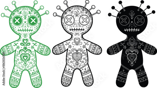 Three voodoo dolls with unique designs and patterns on a white background