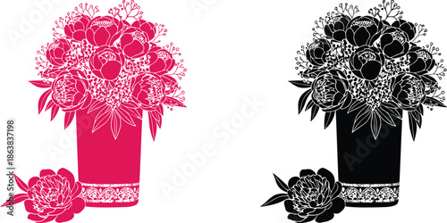 A colorful illustration of three flower bouquets in different stages of completion and color