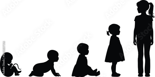 Child growth stages silhouettes from baby to young girl, representing development, learning, childhood, education, progress, life cycle, family concept illustration