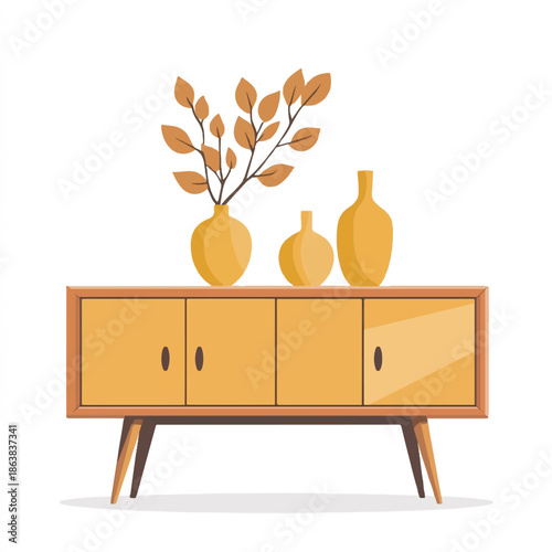 Mid Century Modern Wooden Sideboard with Vases and Plant.