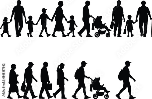 Family walking silhouettes with children, stroller and grandparents, representing generations, parenting, love, lifestyle, care, togetherness, everyday life concept illustration