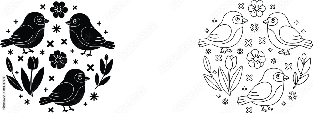 Fototapeta premium A colorful illustration of birds and flowers in various design styles and colors.