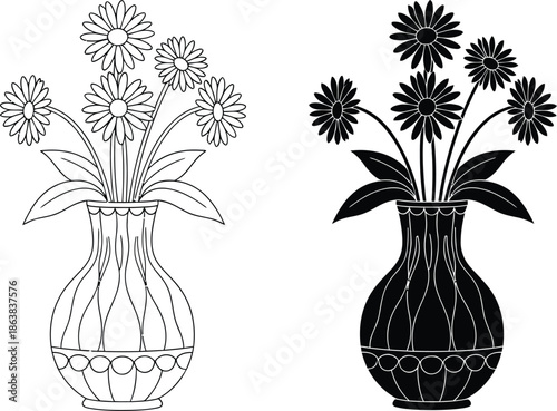 A colorful illustration of three vases with flowers in different styles and colors on a white background