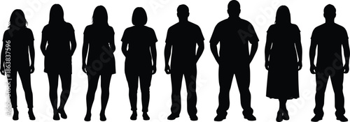 Group of people silhouettes standing together in different poses, representing diversity, community, teamwork, society, unity, social connection concept illustration