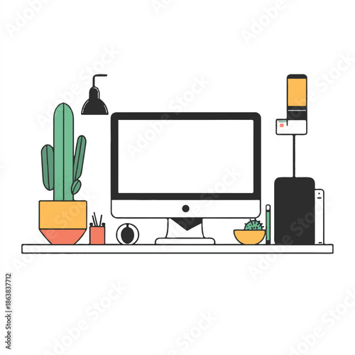 Modern Workspace with Computer and Plants.
