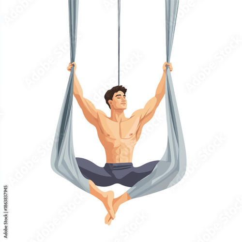  Muscular man practicing aerial yoga in a hammock.