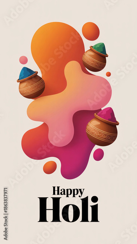 Vibrant happy holi celebration illustration with colorful powder filled pots