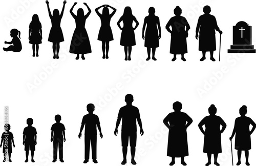 Human life cycle silhouettes from childhood to old age and death, representing growth, aging, evolution, generations, family, life journey concept illustration