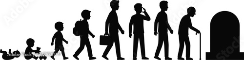 Human life cycle silhouettes from infancy to old age and death, representing growth, career, technology, aging, mortality, evolution timeline concept