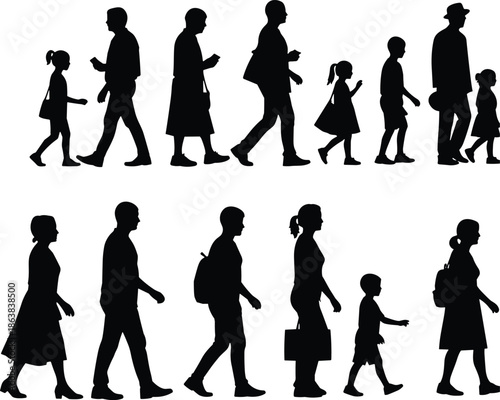 People walking silhouettes with children and adults, representing everyday life, family, urban lifestyle, movement, generations, society, routine concept illustration