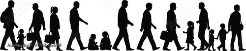 People walking silhouettes with parents, children and babies, representing family life, generations, parenting, urban lifestyle, movement, everyday society concept illustration