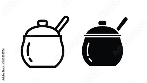 Two black and white icons of covered pots with spoons, Generative AI.