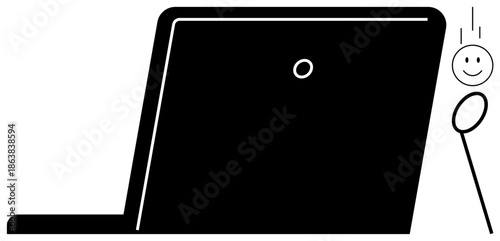 Digital communication concept. A laptop and a happy face digital communication in online connectivity. Digital communication in remote work, virtual meetings, and social networking