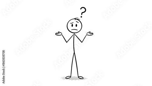 Confused Stick Figure Man Shrugging Shoulders with Question Mark on Isolated White Background, Expressing Uncertainty