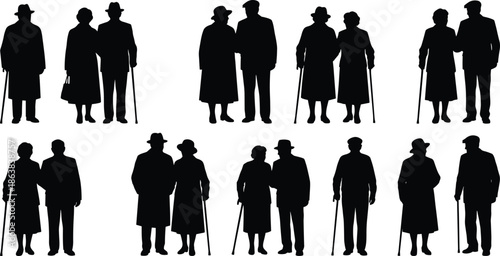 Senior couple silhouettes collection with walking canes, representing aging, love, companionship, retirement, elderly care, support, healthcare, lifestyle illustration
