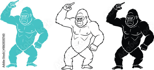 A cartoon illustration of three gorillas in different color styles pointing upwards with one hand