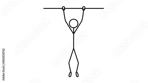 Determined Stick Figure Man Hanging from a Bar on Isolated White Background, Exerting Effort During Exercise