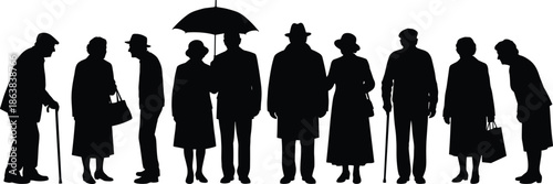 Senior people silhouettes standing with umbrella and walking canes, representing aging, care, companionship, retirement, support, lifestyle, healthcare concept illustration