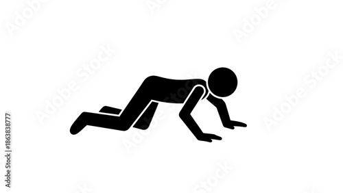 Stick Figure Cartoon Man Crawling on Hands and Knees, Depicting Movement or Searching on Isolated White Background.