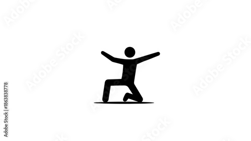 Stick Figure Cartoon Man Kneeling with Open Arms in a Welcoming or Worshipful Gesture on Isolated White Background.