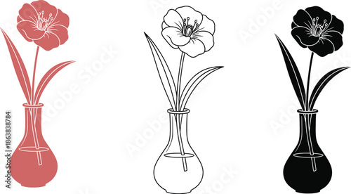 A colorful illustration of a flower in a vase with different design styles and colors.