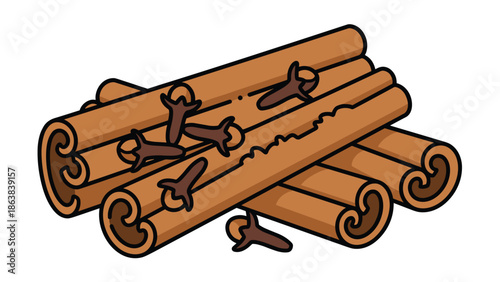 Cinnamon sticks with nails on wooden background, Generative AI.