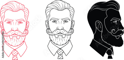 A colorful illustration of three men's faces with beards and mustaches in different styles and colors.