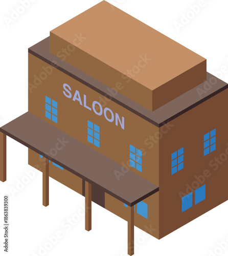Isometric view of a traditional wild west saloon building featuring a wooden porch, evoking the atmosphere of the american frontier