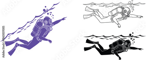 A scuba diver in various illustrations swimming underwater with different color schemes and styles