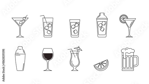 Variety of stylish drinks and glasses for menu design, Generative AI.