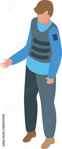 Security officer gesturing with hand, wearing bulletproof vest and uniform