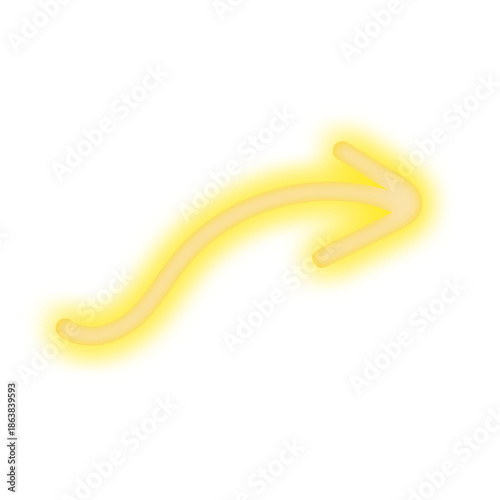 Glowing yellow curved arrow icon with neon light effect on white. 