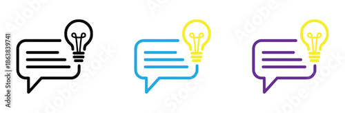 lightbulb with chat bubble, idea talk icon vector. Colorful chat icons with lightbulbs for ideas and innovation. Light bulb message. Idea chat bubble. Vector outline icon. 