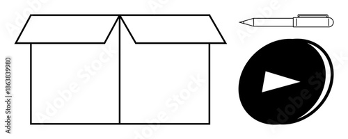 Packaging, creativity, multimedia, delivery, communication, content creation. Open box with nearby pen and play button. Packaging and creativity central in this composition
