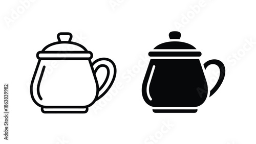Two black and white teapot icons in modern line art style, Generative AI.