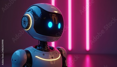 Friendly robot character with glowing blue eyes stands against vibrant neon pink vertical lights. Futuristic android smooth white casing with yellow light accents. Cute AI embodies innovation, fun.
