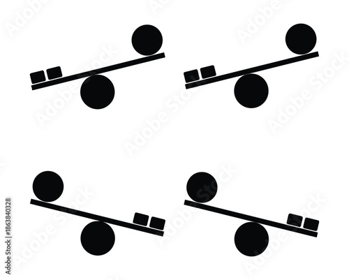 Simple seesaw balance scale graphics. Seesaw balance. Equal and unequal weight, balanced and unbalanced. Simply illustrated seesaw icons. 