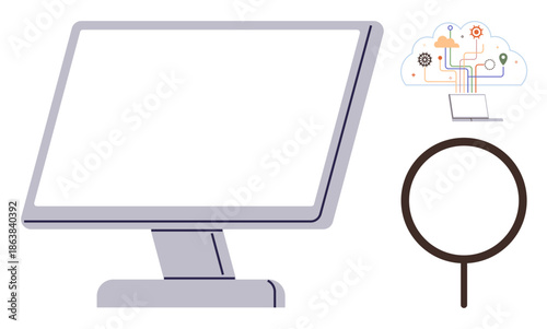 Technology, cloud computing, data storage, research, cybersecurity, innovation. A computer monitor, a cloud with interconnected symbols and a magnifying glass. Technology and cloud computing