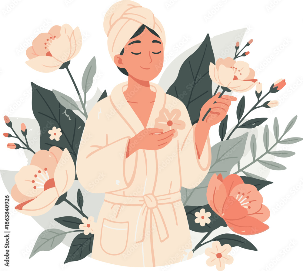 Obraz premium Self Care Woman with Flowers Vector Illustration, Wellness Beauty Concept