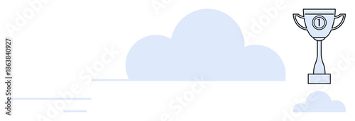 Cloud computing. Trophy icon success stands against light blue cloud elements. Cloud computing s achievement, innovation, and progress. Ideal for technology, business growth, digital innovation