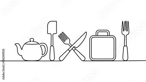 Continuous line drawing of kitchen and dining utensils and cooking items, including pots, pans, plates, cutlery, for culinary design, recipe books, posters, and creative projects