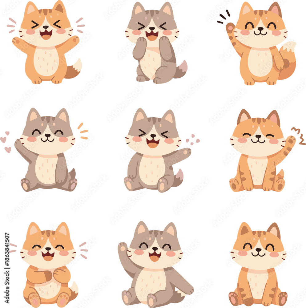 Obraz premium Cute Cat Character Vector Set, Funny Kawaii Cat Expressions